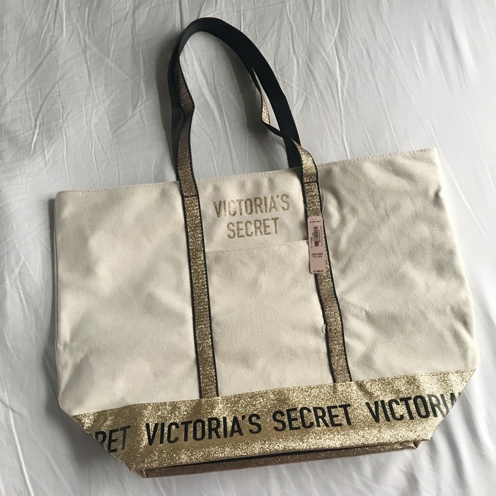 NWT Victoria's Secret Creme & Gold Glitter Tote